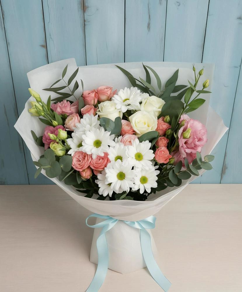 Букет цветов из: Розы, Лизиантусы и Хризантемы в Досчатое