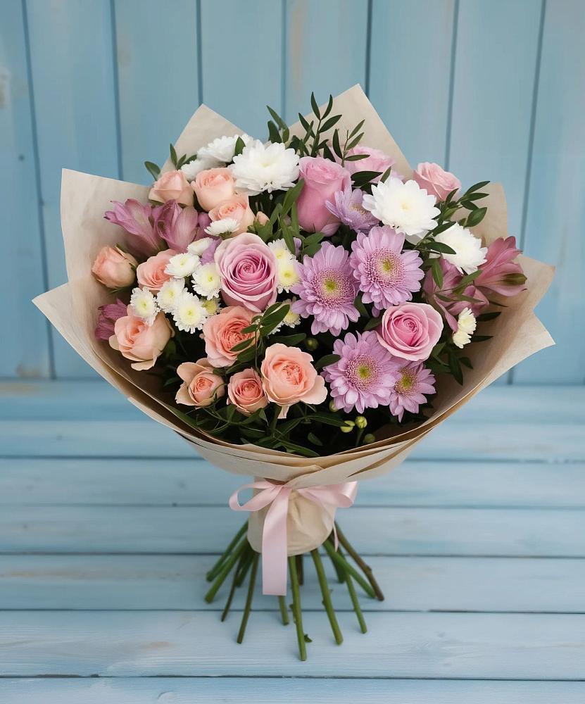 Букет цветов из: Хризантемы, Розы и Альстромерии в Досчатое