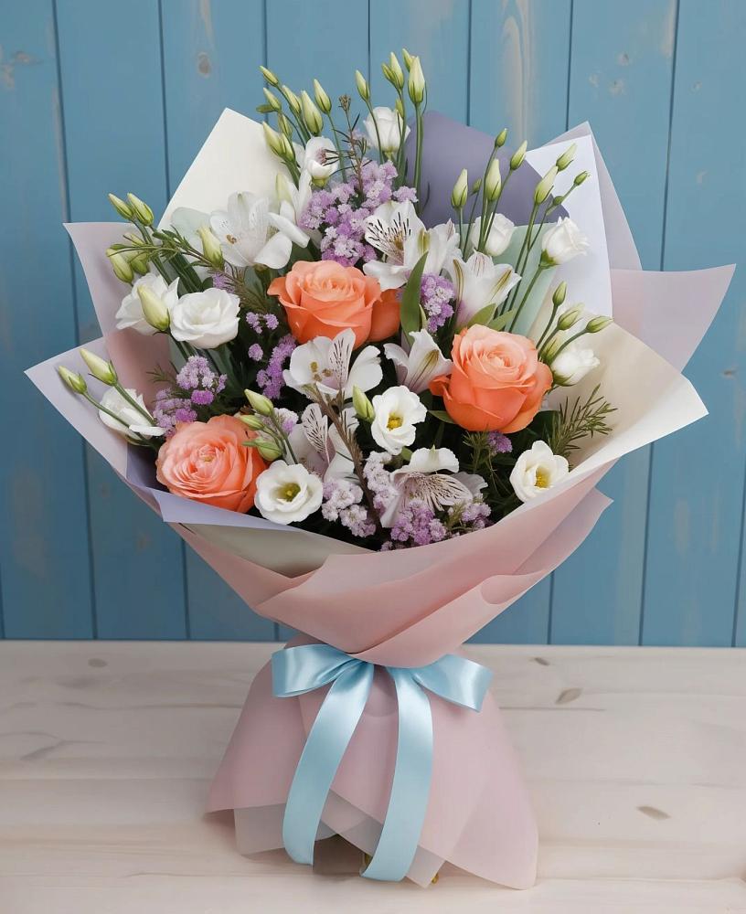 Букет цветов из: Лизиантусы, Розы, Альстромерии и Гипсофила в Досчатое