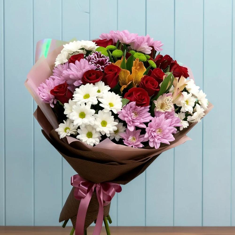 Букет цветов из: Розы, Хризантемы и Альстромерии в Досчатое