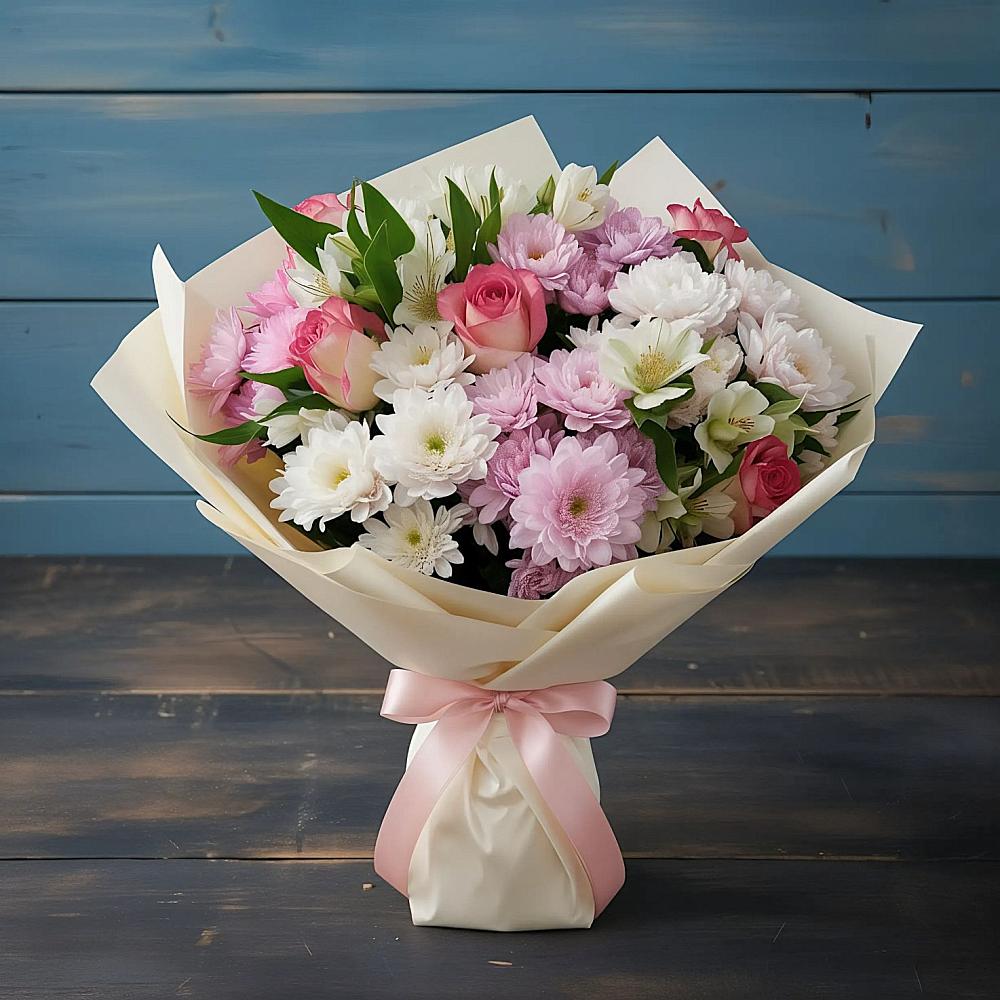 Букет цветов из: Хризантемы, Альстромерии и Розы в Досчатое